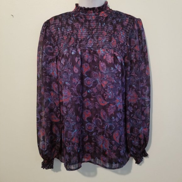 JOIE S‎ Purple Blue Floral Blouse Lightweight Top Mock High Neck Smocked - Picture 1 of 6